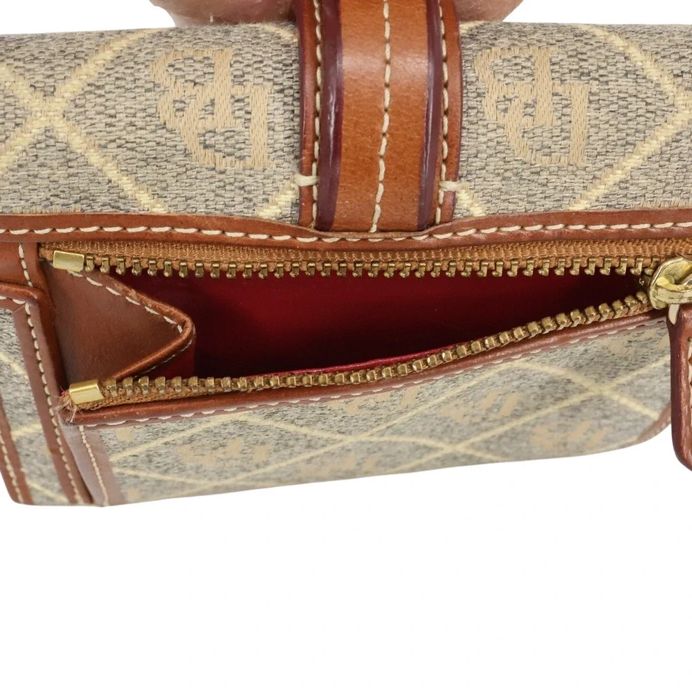 Dooney and Bourke Wallet Womens Beige Brown Fabric Logo Leather Trim Snap Vtg